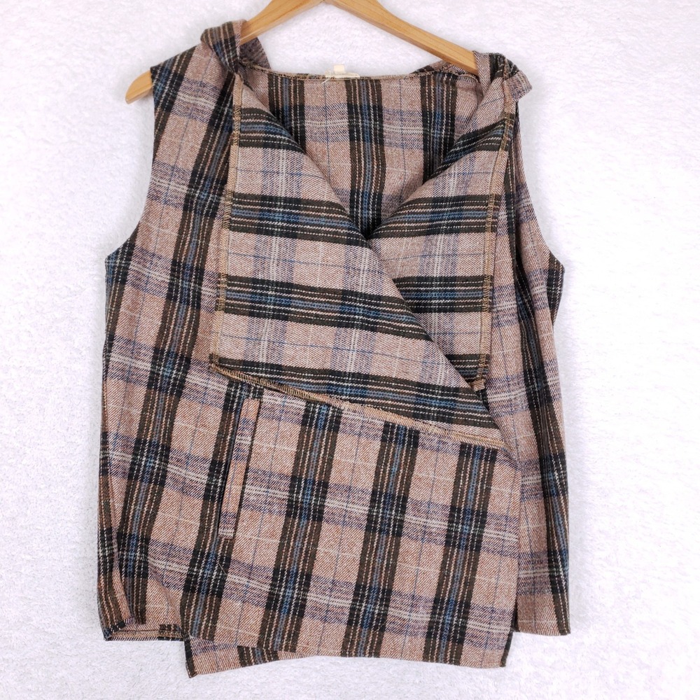 Hem & Thread Plaid Hooded Vest Womens L Asymmetric Drape Brown Boho Cabincore